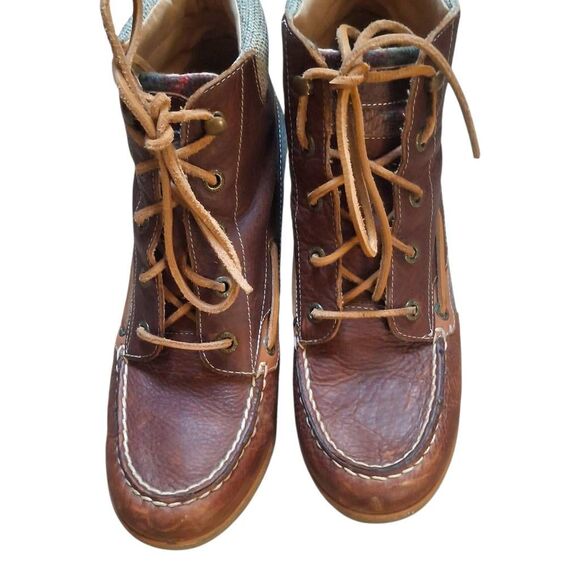 Sperry Bailey Wedge Leather Booties – Brown Plaid Ankle Boots (Women’s 9) - Picture 2 of 7